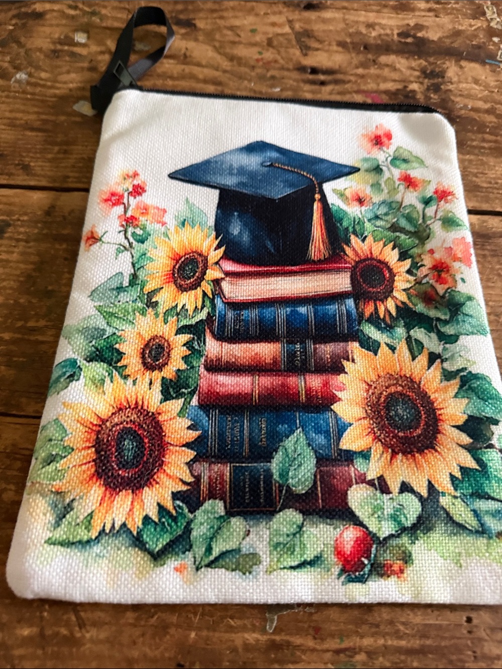 Graduation Sunflower Canvas Pouch with Books and Cap book bag